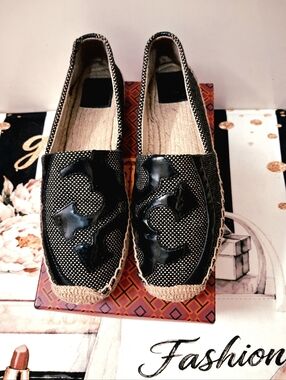 Tory Burch Lonnie Logo Woven Leather T Black & Tan Flat Espadrilles WM Sz.10M